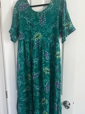Vintage 90s Diane Von Furstenberg Teal Green Paisley Tie Back Dress Free Size